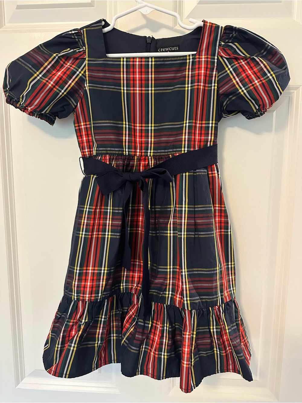 Crewcuts Red and Navy Plaid Puff-Sleeve Dress with Waist Tie